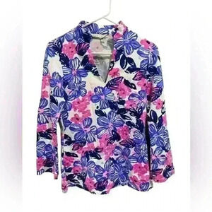 MAHI GOLD Hot Pink/ Blue V-Neck 3/4 Sleeve Blouse Top Floral Tropical Shirt XS
